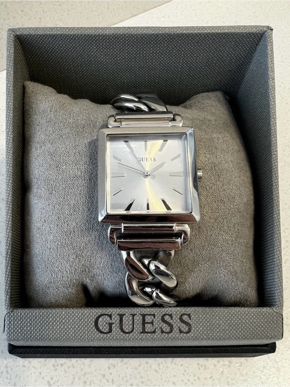GUESS Women's Silver Square Dial Chain-Link Bracelet Watch